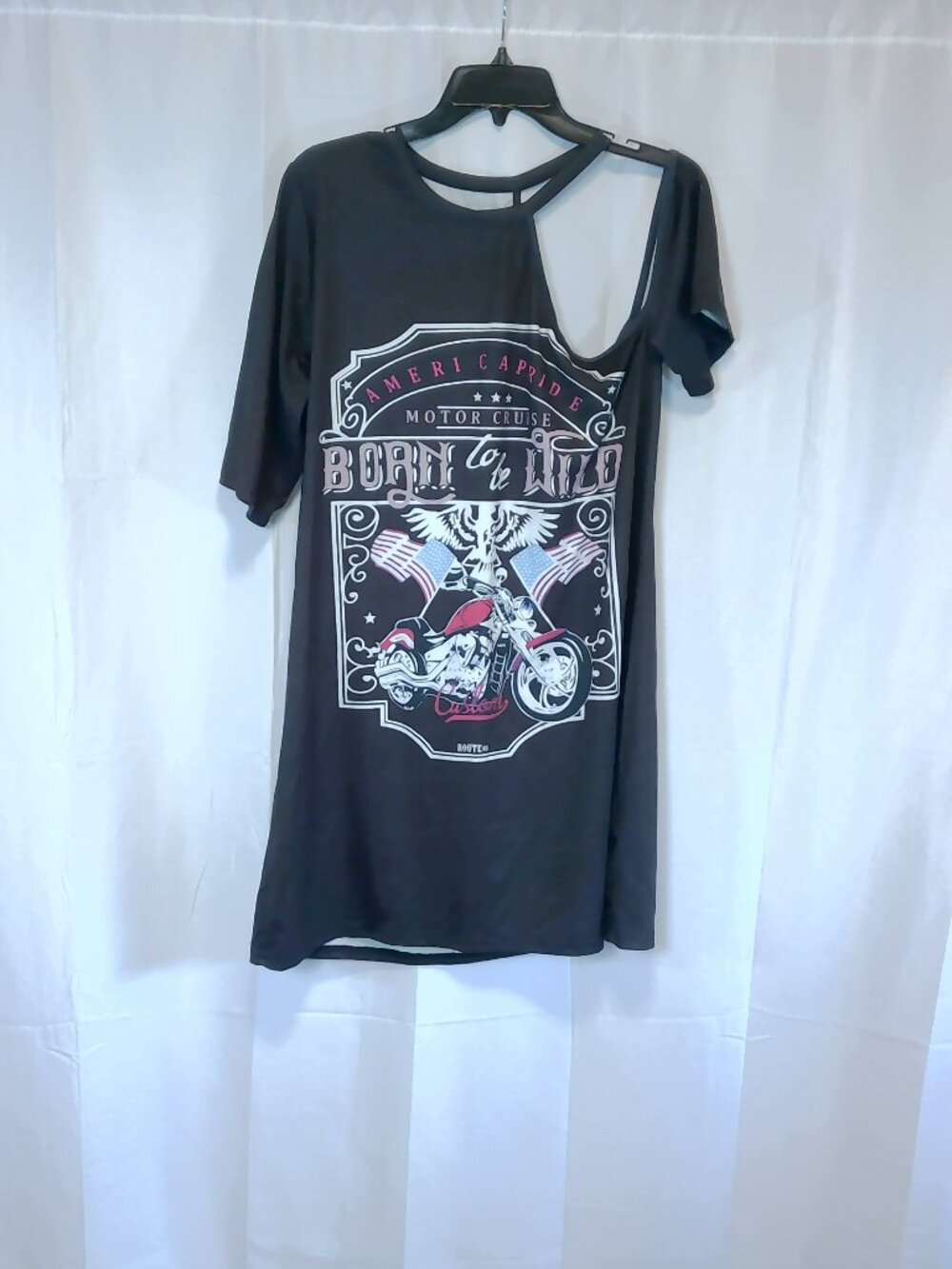 Born to be Wild Biker Graphic Tee - One Shoulder Cutout - Charcoal Size L